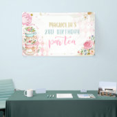 ティーパーティー誕生日ガールピンク&金ゴールドフローラパーティー 横断幕 (トレードショー)