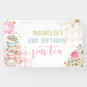ティーパーティー誕生日ガールピンク&金ゴールドフローラパーティー 横断幕
