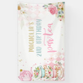 ティーパーティー誕生日ガールピンク&金ゴールドフローラパーティー 横断幕 (縦)
