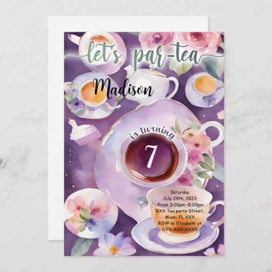 ティーパーティー誕生日パーティー 招待状 (正面/裏面)