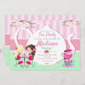 ティーパーティー誕生日招待状/ガール/ピンクティール(緑がかった色) 招待状 (正面/裏面)