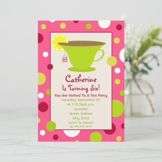 ティーパーティー誕生日招待状-ピンクとグリーン 招待状 (スタンド正面)