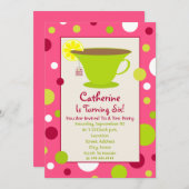 ティーパーティー誕生日招待状-ピンクとグリーン 招待状 (正面/裏面)