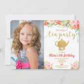 ティーパーティー誕生日花水彩ピンクゴールド 招待状 (正面)