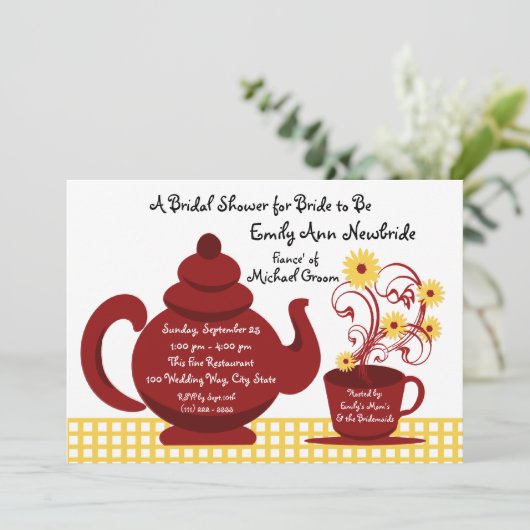 ティーパーティー赤と黄色のブライダルシャワー 招待状 (スタンド正面)