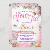 ティーパーティー4歳の誕生日、お茶の時間パーティー 招待状 (正面/裏面)