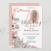 ティーパーティー70誕生日ピンクフローラカスタム写真 招待状 (正面/裏面)