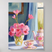ティーパーティー ピンクの花の絵 フラワー ポスター (正面)