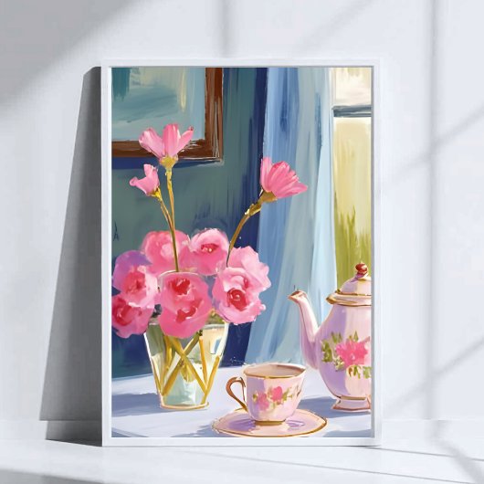 ティーパーティー ピンクの花の絵 フラワー ポスター