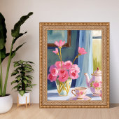 ティーパーティー ピンクの花の絵 フラワー ポスター
