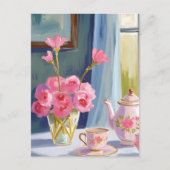 ティーパーティー ピンクの花の絵 フローラル ポストカード (正面)