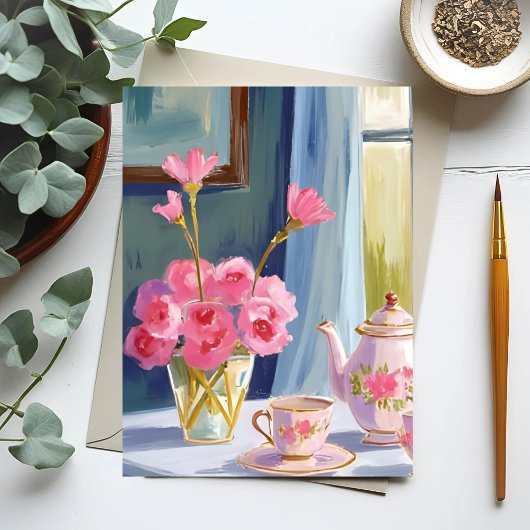 ティーパーティー ピンクの花の絵 フローラル ポストカード