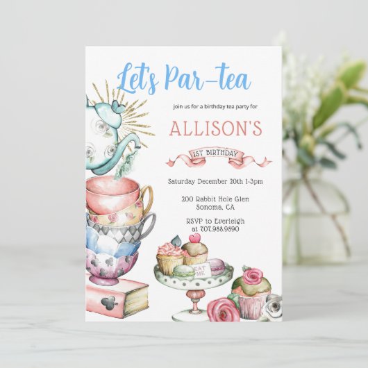 ティーパールティーバースデーパーティーガールピンクブルー金ゴールド 招待状 (スタンド正面)