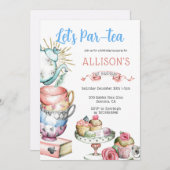 ティーパールティーバースデーパーティーガールピンクブルー金ゴールド 招待状 (正面/裏面)