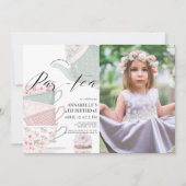 ティーパー茶フローラティーポットピンク誕生日写真 招待状 (正面)