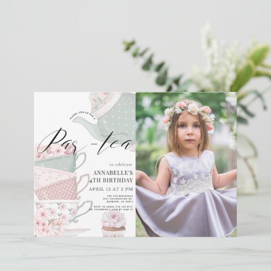 ティーパー茶フローラティーポットピンク誕生日写真 招待状 (スタンド正面)