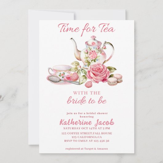 ティーピンクヴィンテージフローラブライダルシャワー 招待状 (正面)