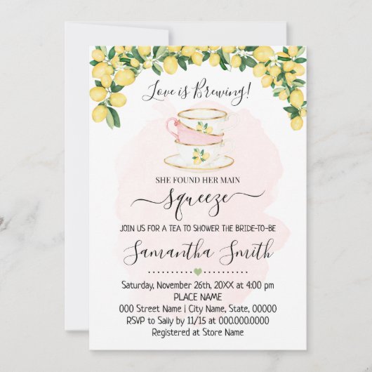 ティーブライダルシャワーレモンズピンクサマー招待状 シーズンカード (正面)