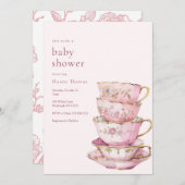 ティーベイビーシャワーのためのピンクの時間招待状 招待状 (正面/裏面)