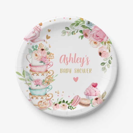 ティーベイビーシャワーピンクフラワーガールベビー醸造中 ペーパープレート (正面)