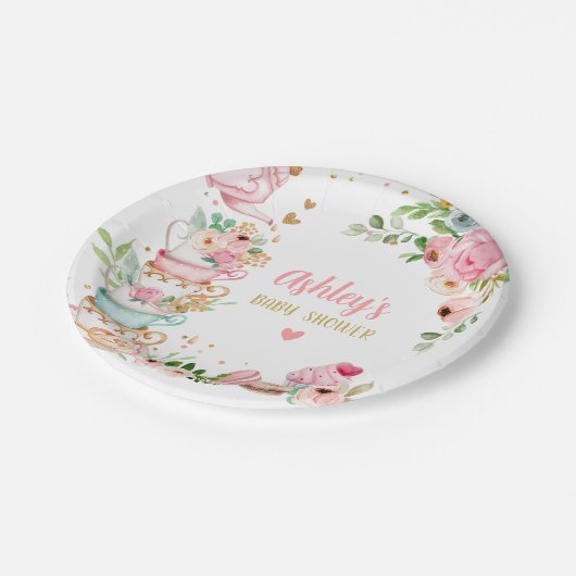 ティーベイビーシャワーピンクフラワーガールベビー醸造中 ペーパープレート (アングル)