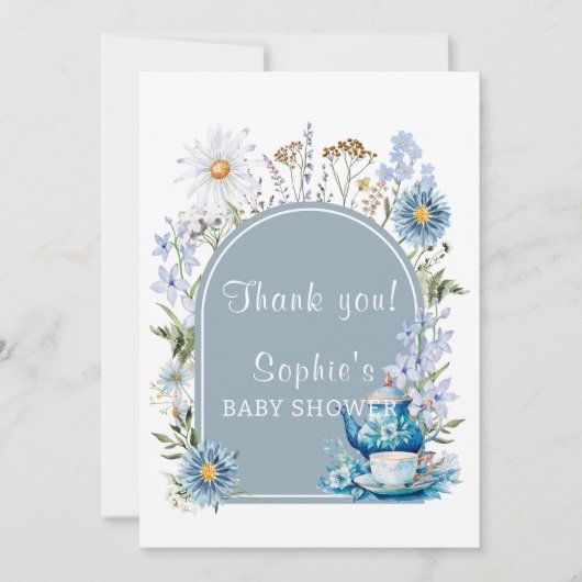 ティーボホガーデンベビーシャワーのための埃っぽいブルータイム サンキューカード (正面)