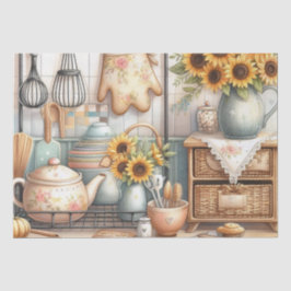 ティーポットとひまわりキッチンウォーターカラー 薄葉紙