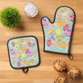 ティーポットとカップアクア 鍋つかみ&鍋敷きセット