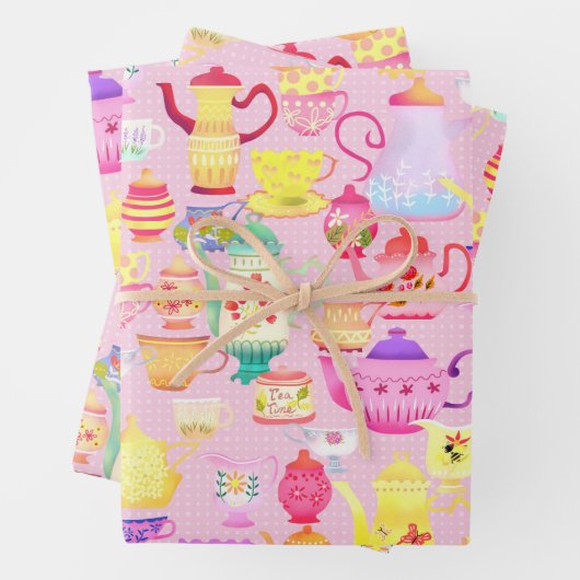 ティーポットとカップピンク ラッピングペーパーシート (インサイチュ)