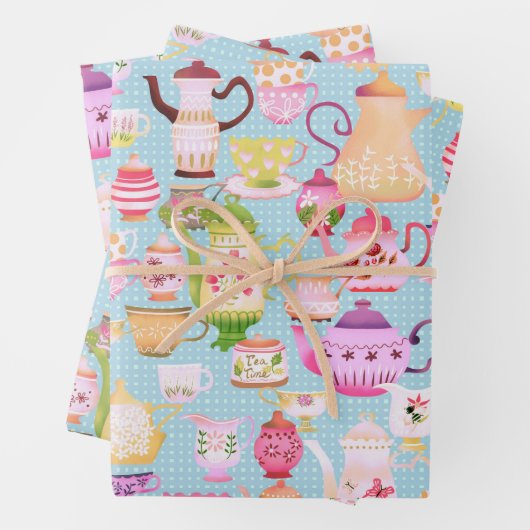 ティーポットとカップブルー ラッピングペーパーシート (インサイチュ)