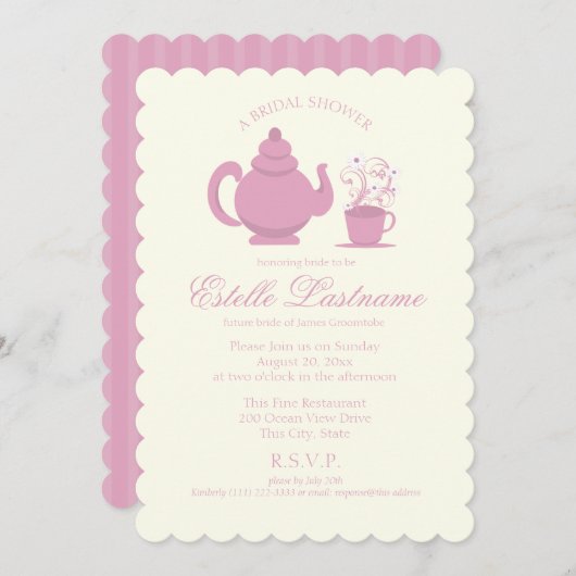 ティーポットとデイジーピンクブライダルシャワー 招待状 (正面/裏面)