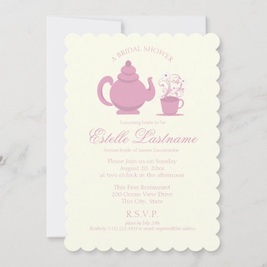 ティーポットとデイジーピンクブライダルシャワー 招待状 (正面)