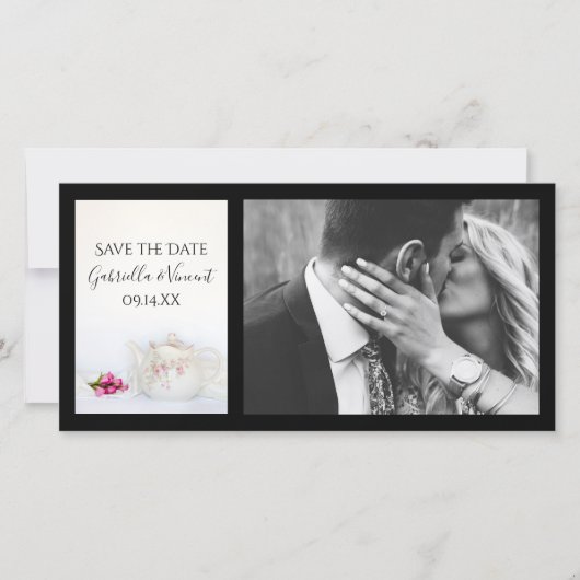 ティーポットとピンクのバラの結婚式の日付を保存 セーブザデート (正面)