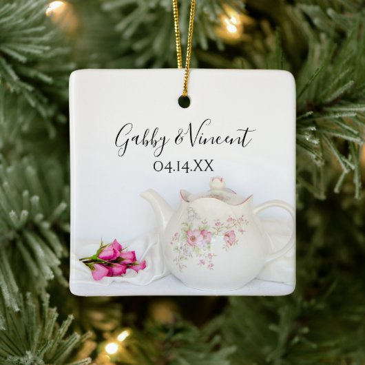 ティーポットとピンクのバラ結婚ズ セラミックオーナメント (ツリー)