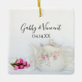 ティーポットとピンクのバラ結婚ズ セラミックオーナメント (正面)
