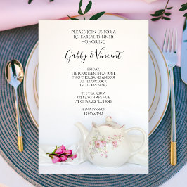 ティーポットとピンクローズティーパーティーリハーサルディナー 招待状