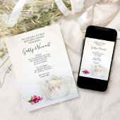 ティーポットとピンクローズティーパーティーリハーサルディナー 招待状