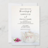 ティーポットとピンクローゼステア結婚パーティー 招待状 (正面)