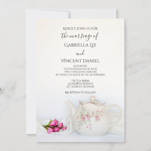 ティーポットとピンクローゼステア結婚パーティー 招待状 (正面)