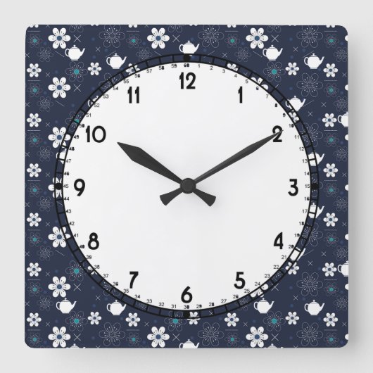 ティーポットと花 スクエア壁時計 (正面)