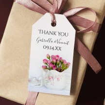 ティーポットにピンクのバラの花結婚式の引き出物ラベル