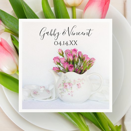 ティーポットに咲くピンクのバラ結婚の花 スタンダードカクテルナプキン