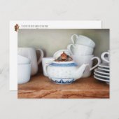 ティーポットのアコーン小妖精や小人 ポストカード (正面/裏面)