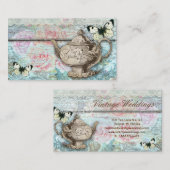 ティーポットのバラのアンティークの蝶を結婚するヴィンテージ 名刺 (正面/裏面)