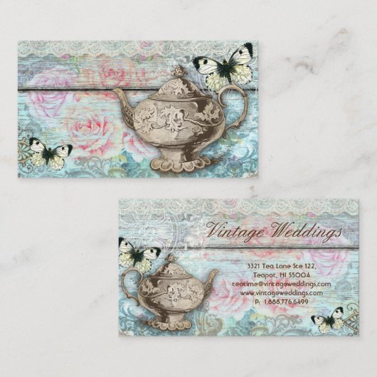 ティーポットのバラのアンティークの蝶を結婚するヴィンテージ 名刺 (正面/裏面)