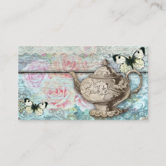 ティーポットのバラのアンティークの蝶を結婚するヴィンテージ 名刺 (正面)