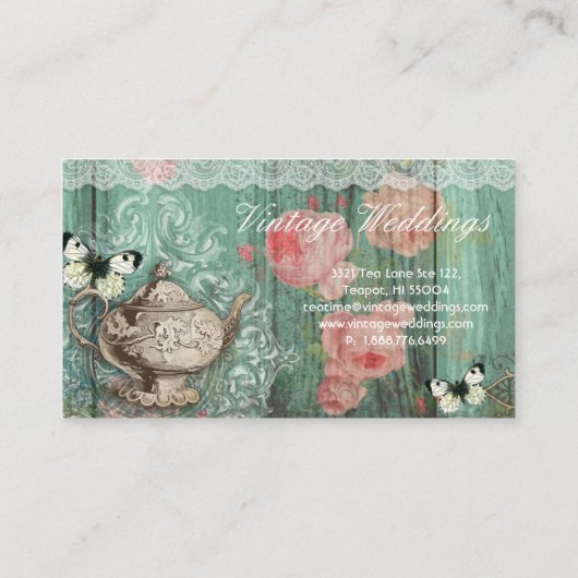 ティーポットのバラの緑の蝶を結婚するヴィンテージ 名刺 (裏面)