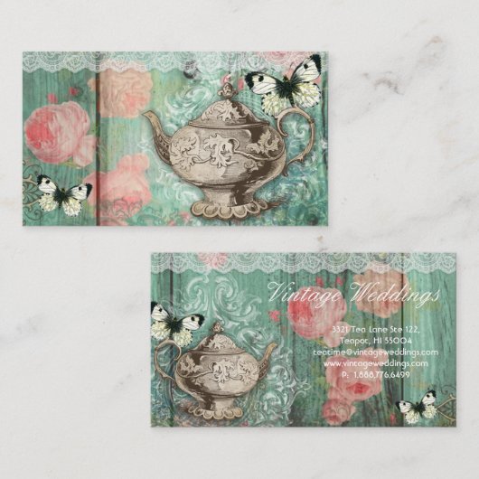 ティーポットのバラの緑の蝶を結婚するヴィンテージ 名刺 (正面/裏面)