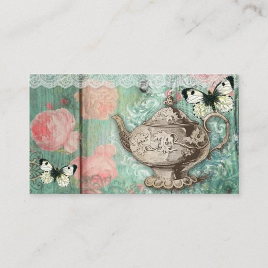 ティーポットのバラの緑の蝶を結婚するヴィンテージ 名刺 (正面)