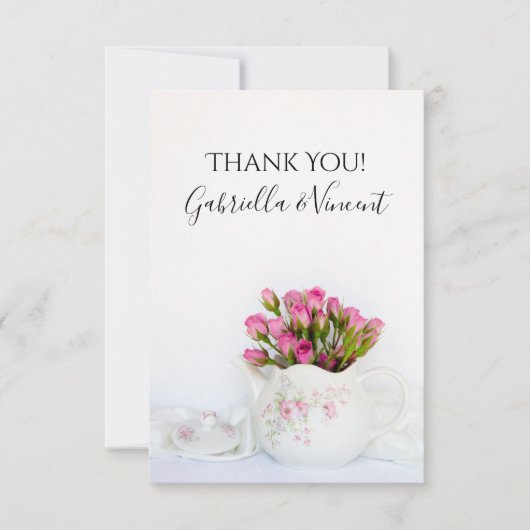 ティーポットのピンクのバラ結婚の花に感謝の意 サンキューカード (正面)
